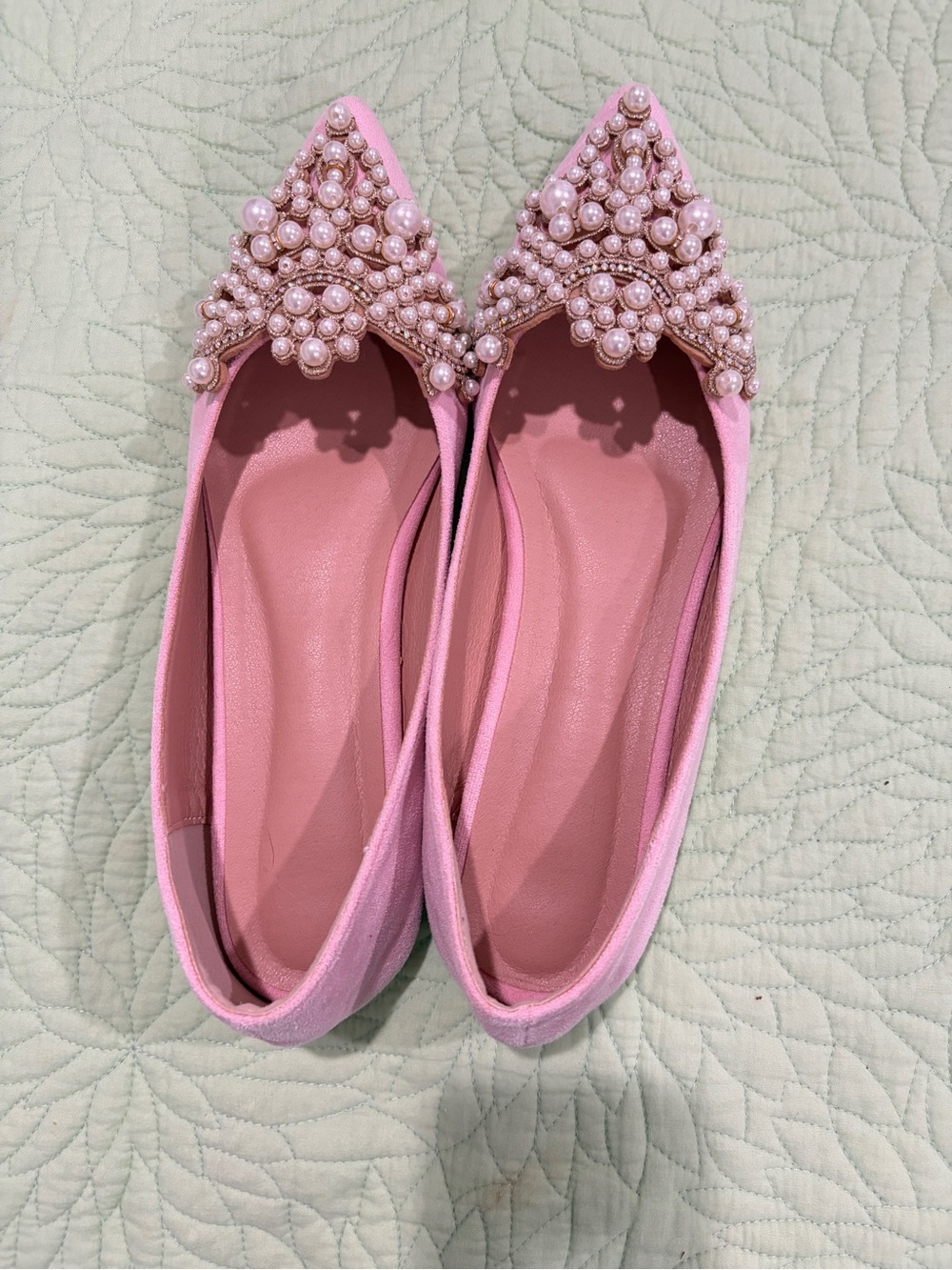 Pink Suede Pearl Embellished Pointed Toe Flats